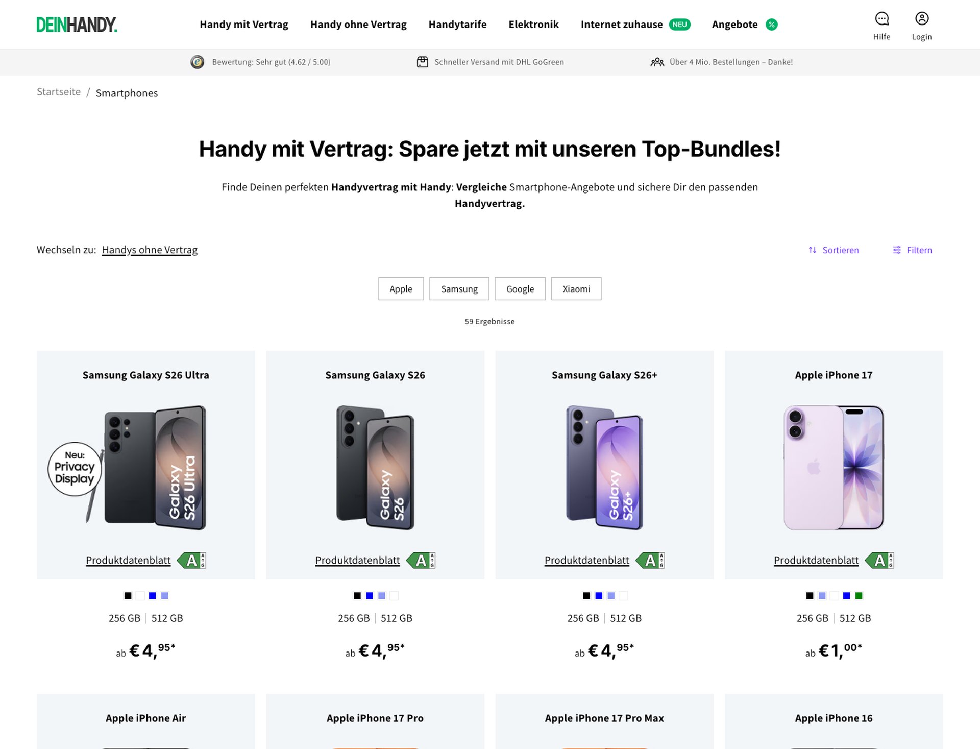 DEINHANDY Shop — Smartphone-Übersicht