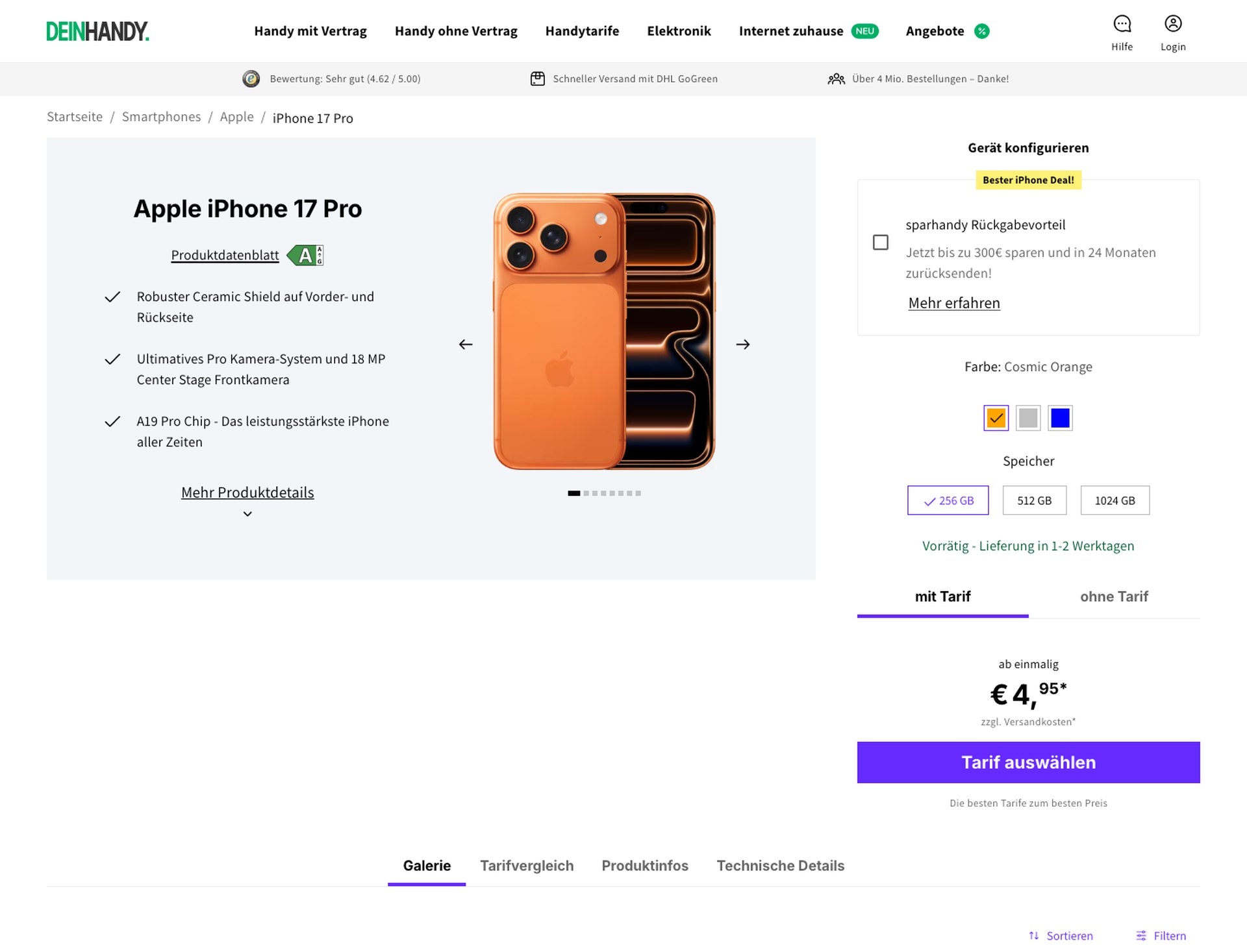 Produktdetail mit Gerätekonfiguration und Tarif